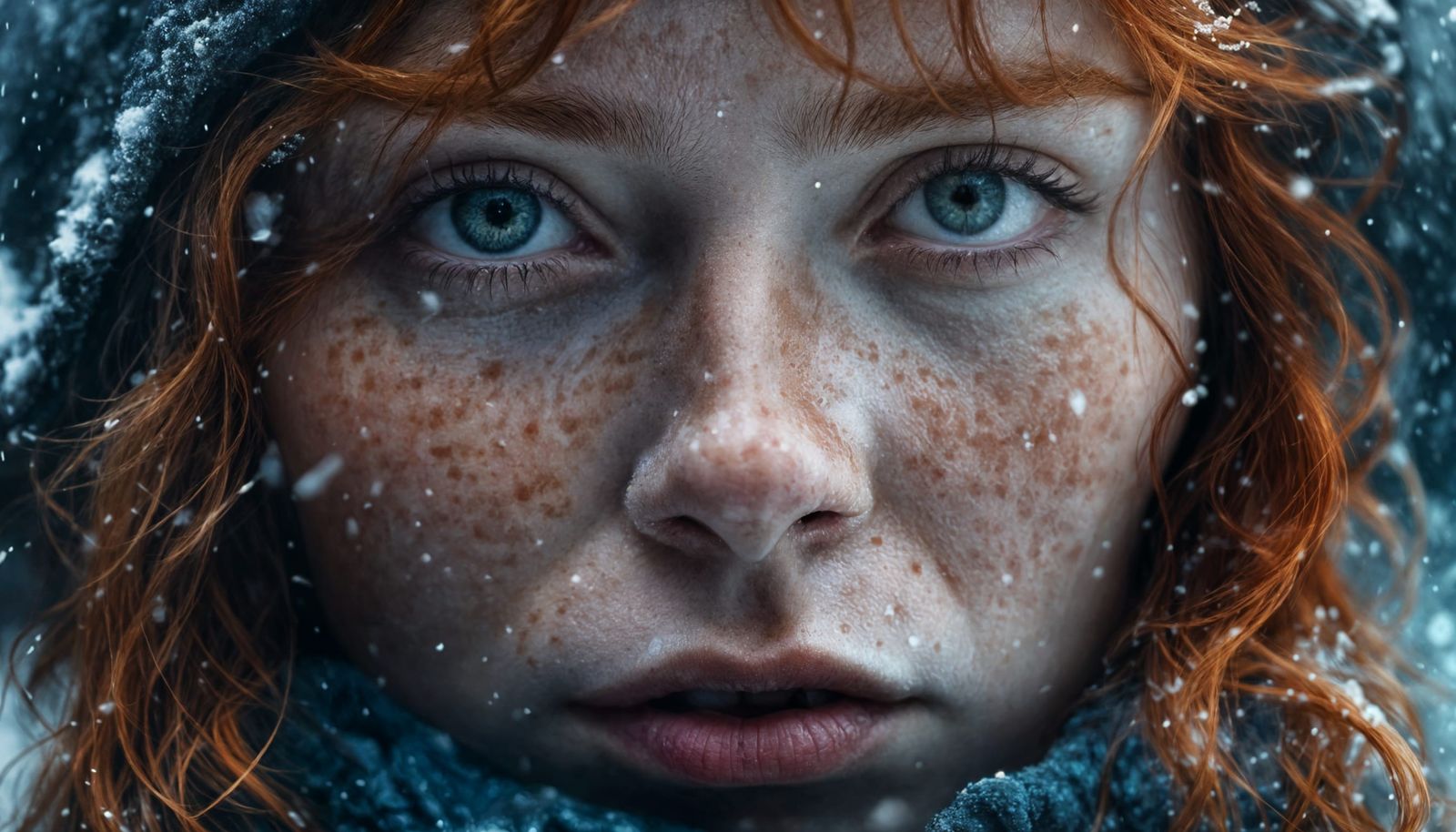 Sad Ginger Woman in Snowstorm: Hyperrealistic Portrait