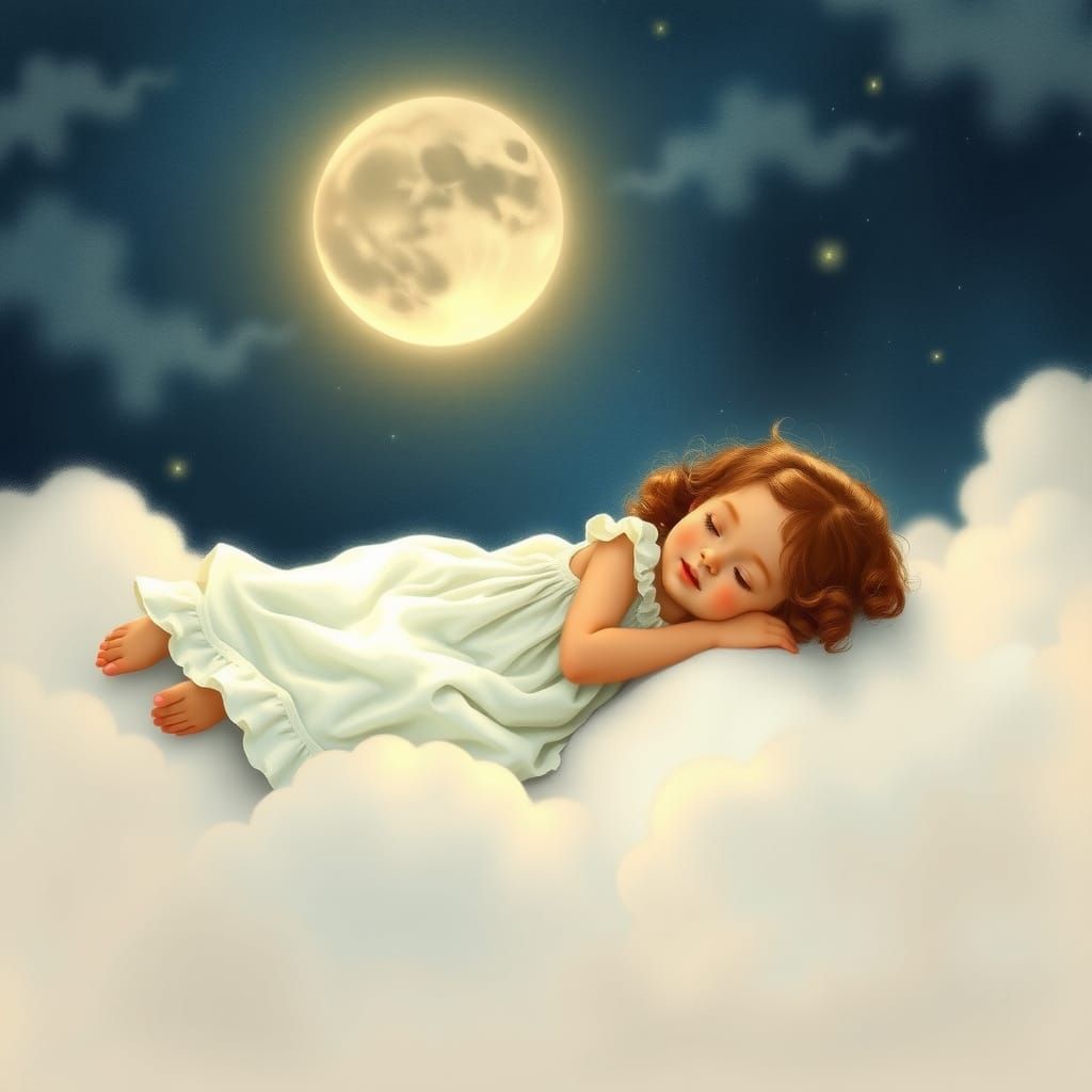 Little Girl Slumbers on a Milky Cloud in a Dreamy Night Sky