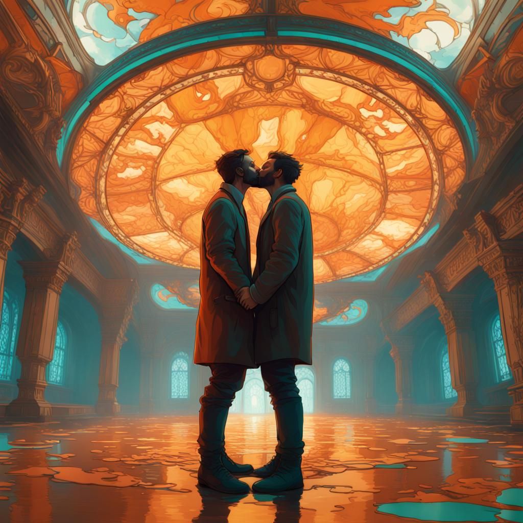 Two Men Kissing: Art Nouveau Concept Art