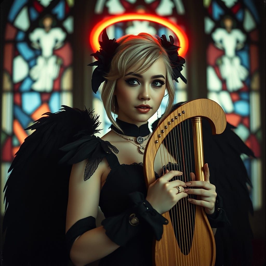 Mysterious Dark Angel in Steampunk Gown