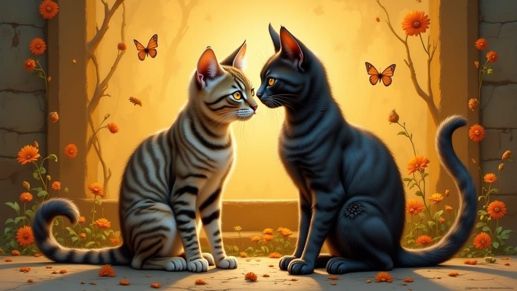Whimsical Feline Friendship in Oil Painting Style
