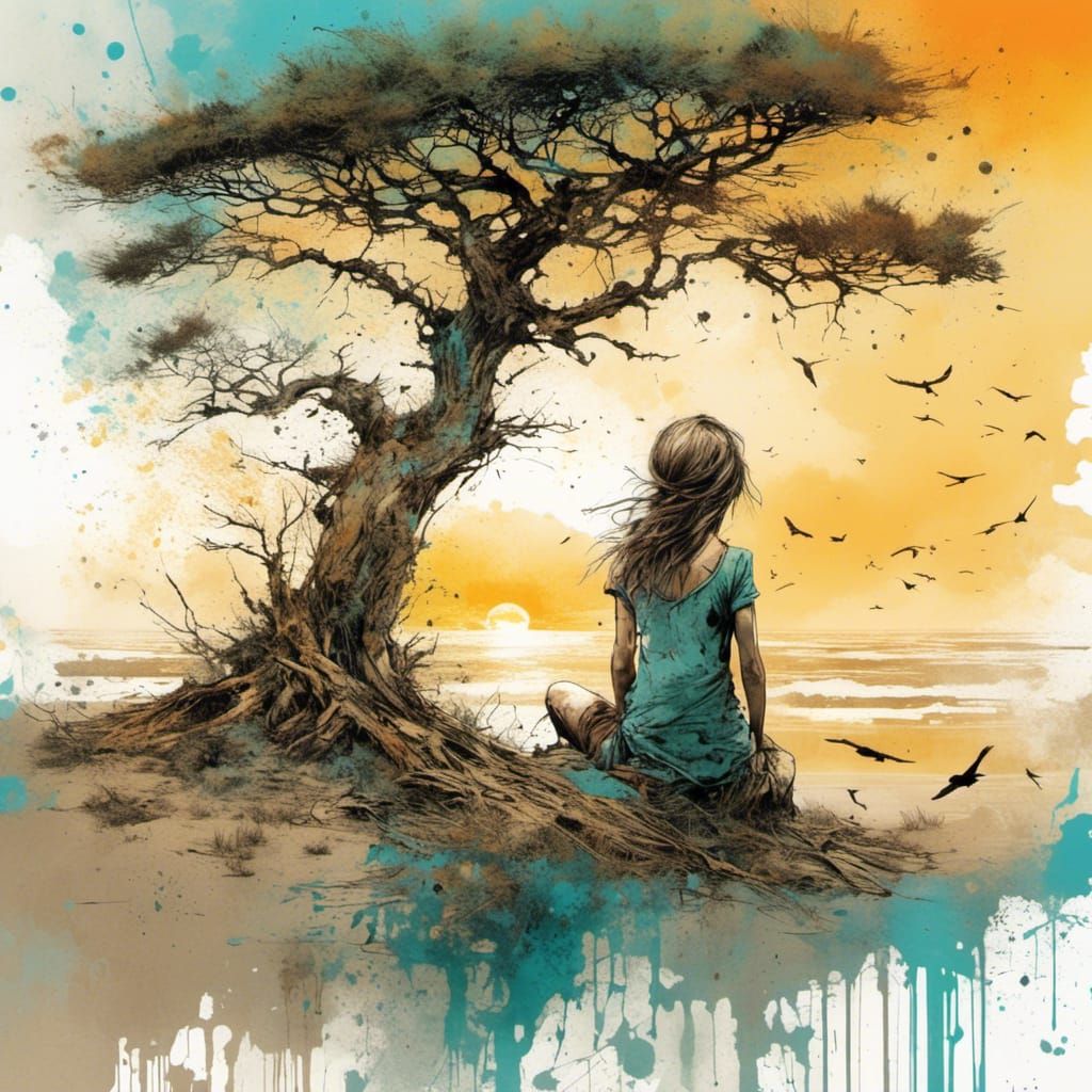 Girl by Juniper Tree at Sunset, Carne Griffiths Style