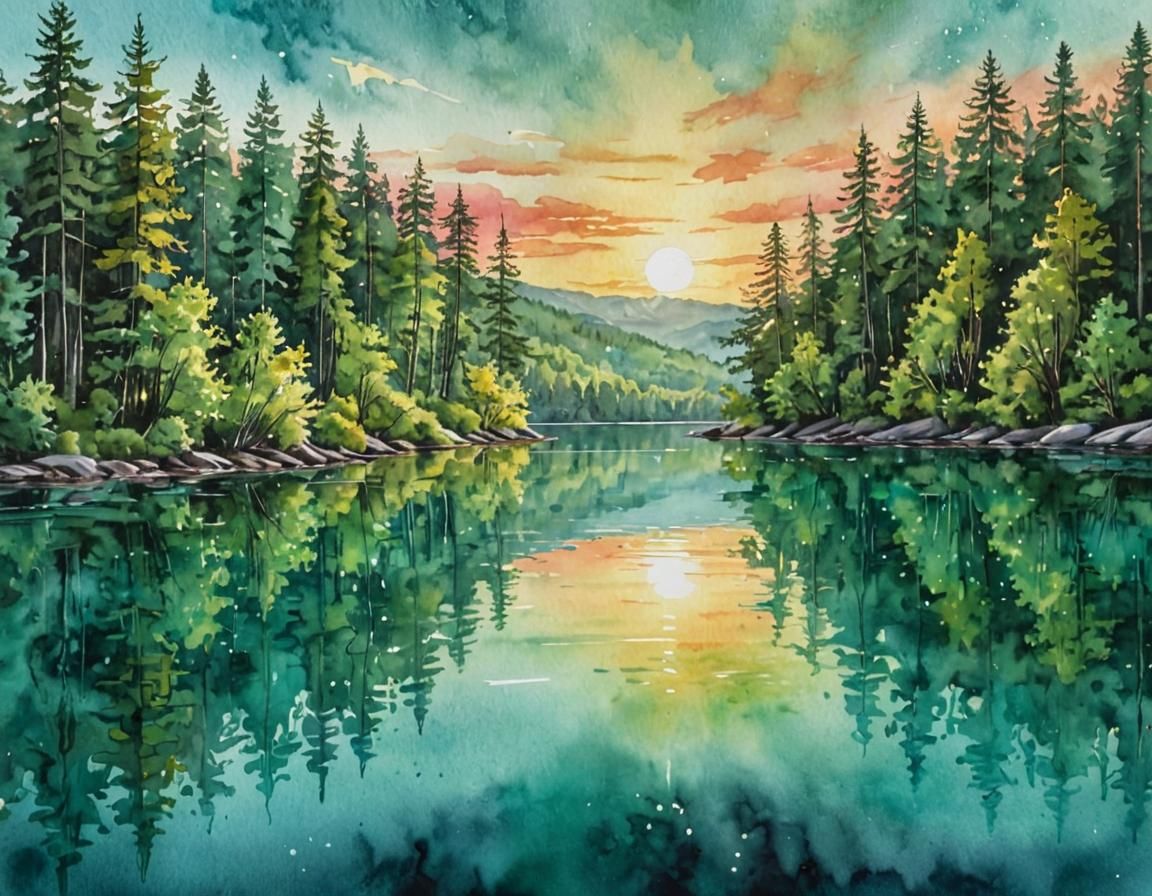 Turquoise Lake Sunset, Watercolour and Metallic Ink