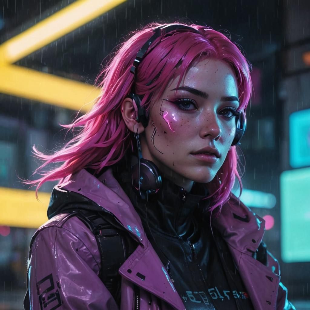 Egirl in Rainy Cyberpunk Alleyway
