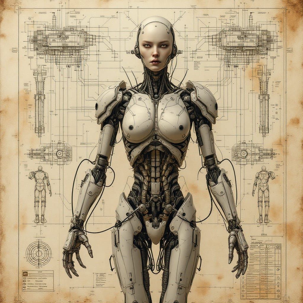 Cybernetic Humanoid in Vintage Blueprint Style