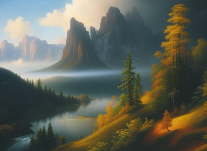 Hyperrealistic Mountain Vista Painting with Dramatic Weather