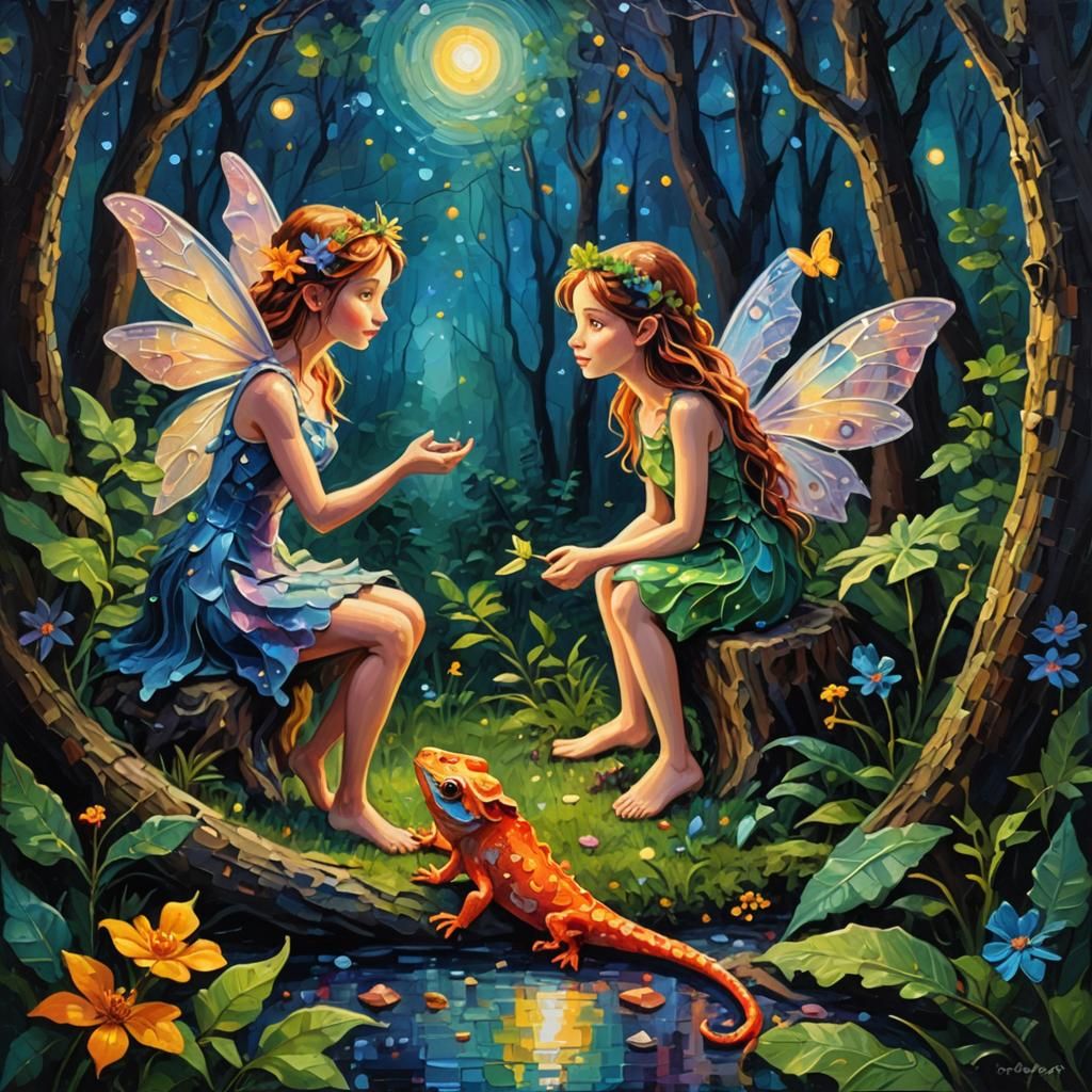 Fairy and Gecko Converse on Starry Night as Impasto Painting