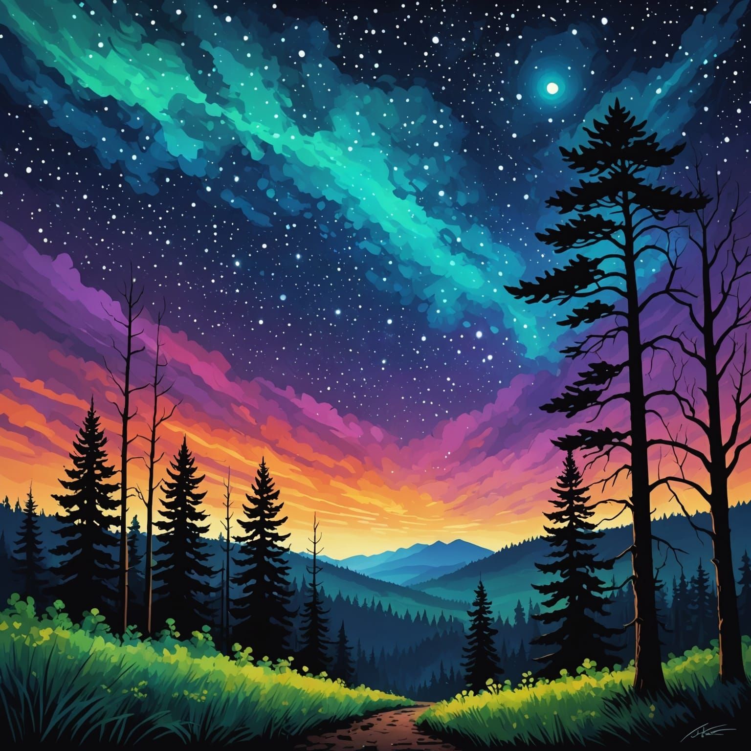 Impressionist Night Sky Over Forest