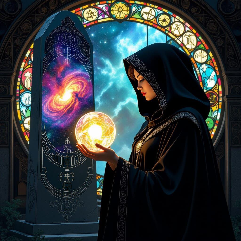 Stained Glass Woman Holds Nebula Orb Before Alien Monolith