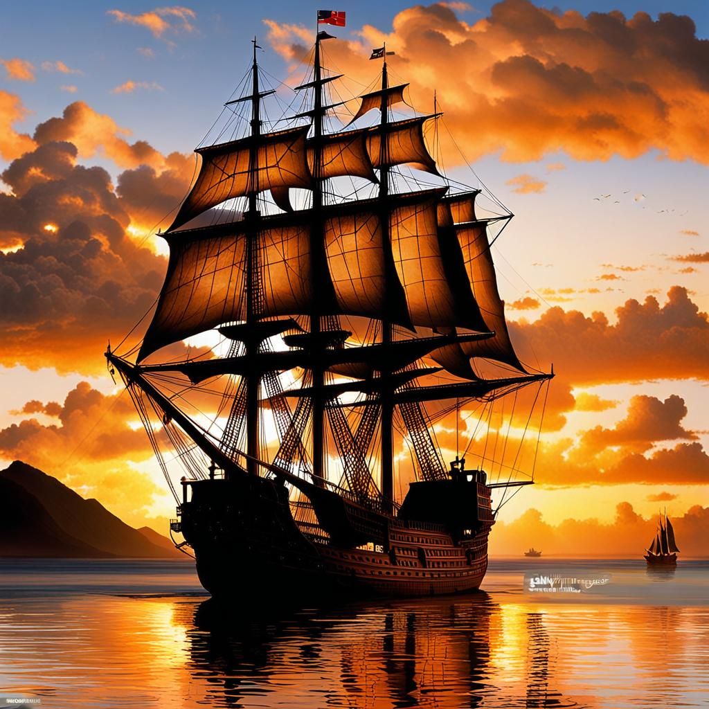 The Endeavour at Pacific Island Sunset, 1788