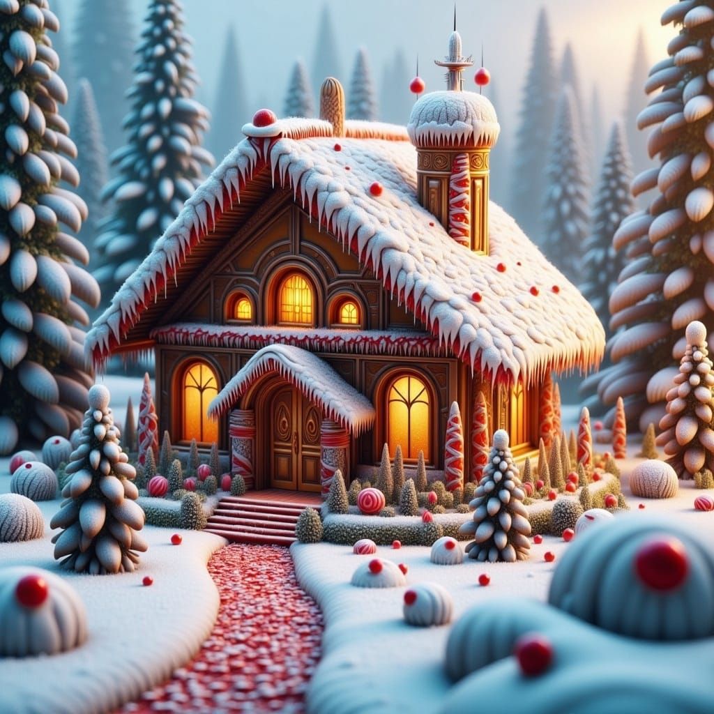 Detailed Gingerbread House in Winter Wonderland