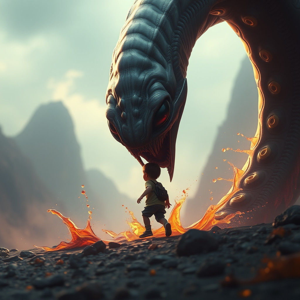 Worm-like Alien Approaching a Child: Detailed Matte Painting