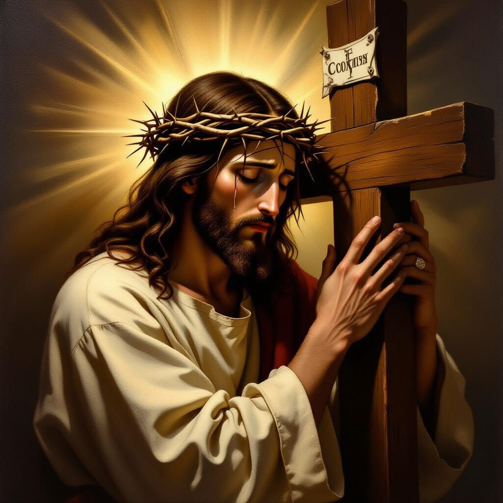 Jesus Christ Kissing the Cross with Crown of Thorns