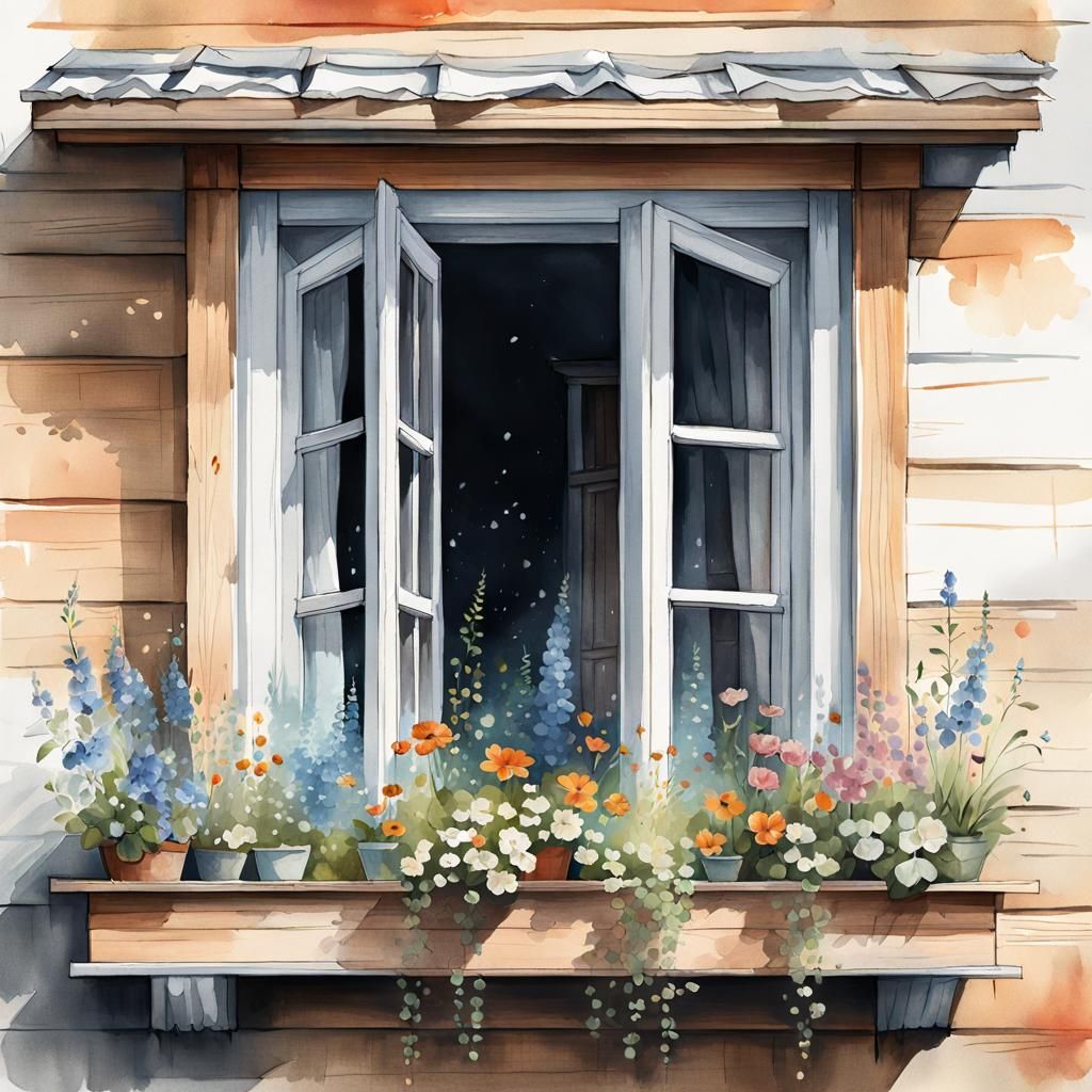 Open Window with Flowers, Watercolor Sketch