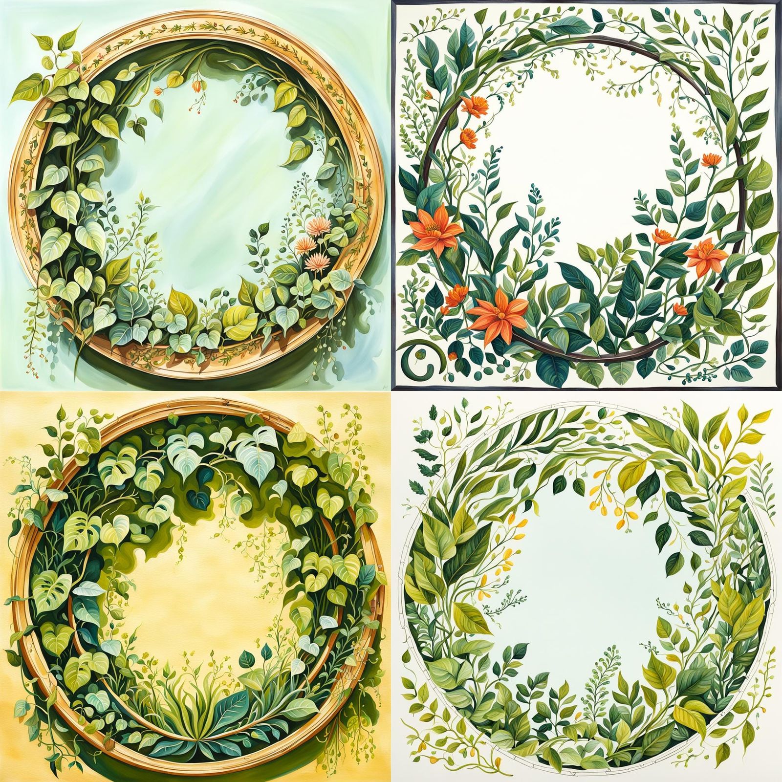 Botanical Vines Form Round Frame in Gouache