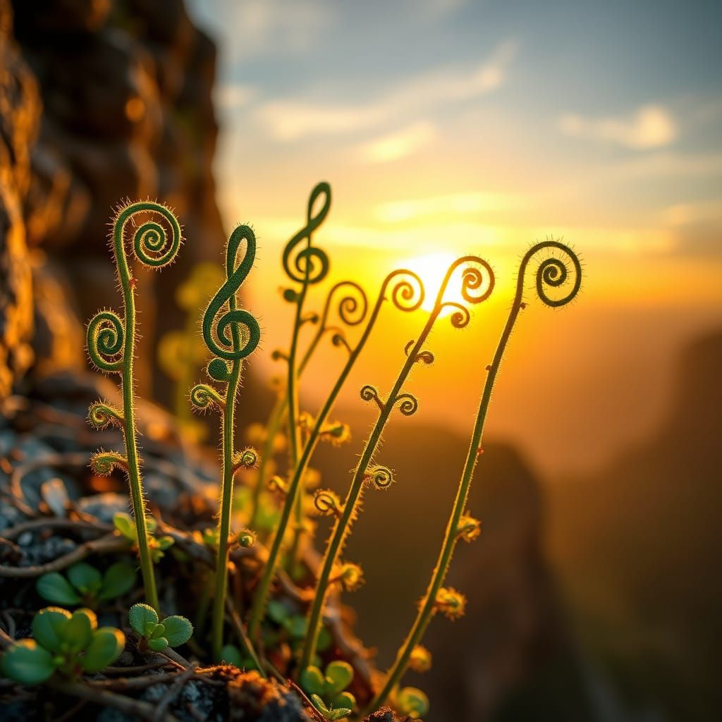 Photorealistic Treble Clefs Bloom at Sunset