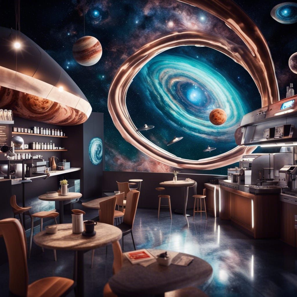 Futuristic Coffee Shop in Space with Alien Baristas