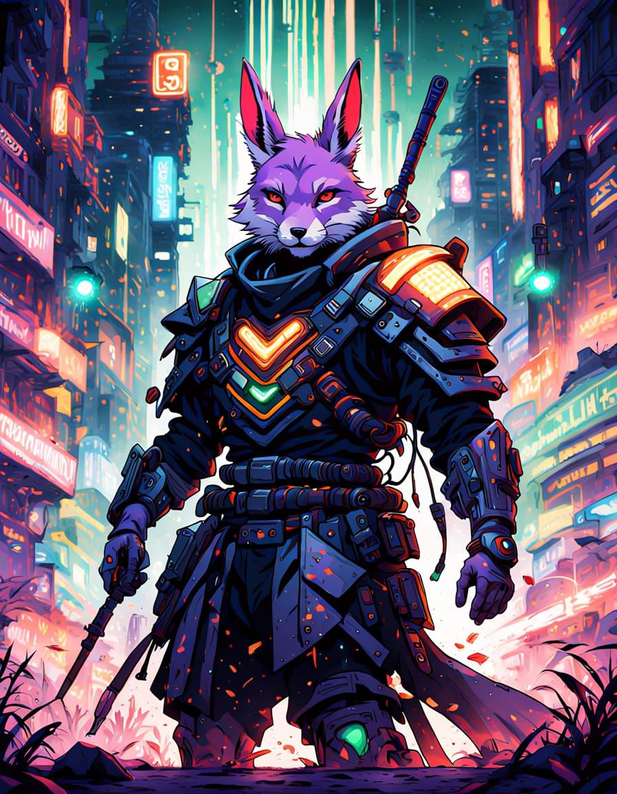 Cyberpunk Rabbit-Fox Monk on Desert Battlefield