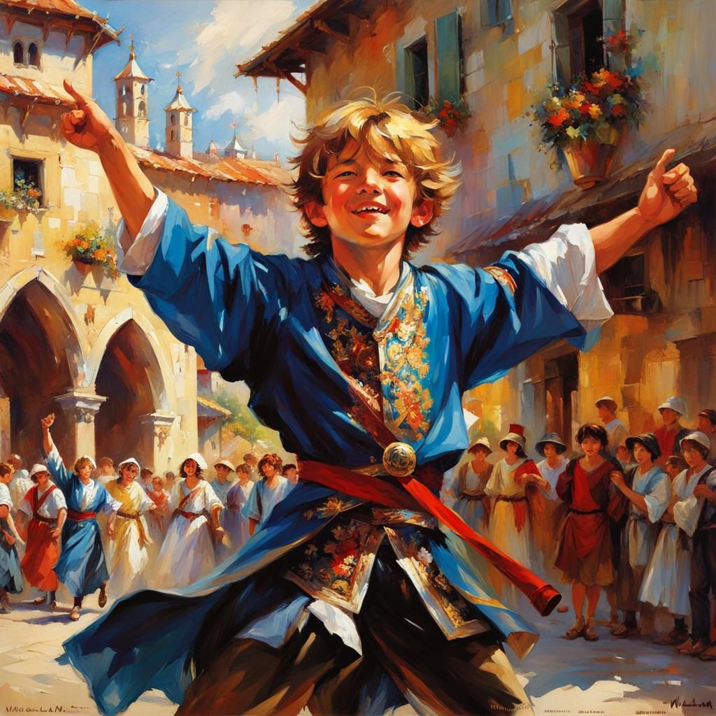 Excited Boy Dancing in Medieval Anime Style