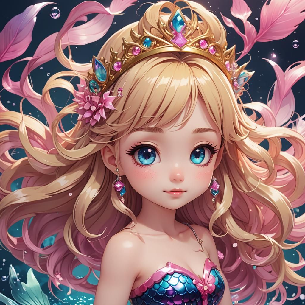 Chibi Mermaid with Tiara in Anime Style