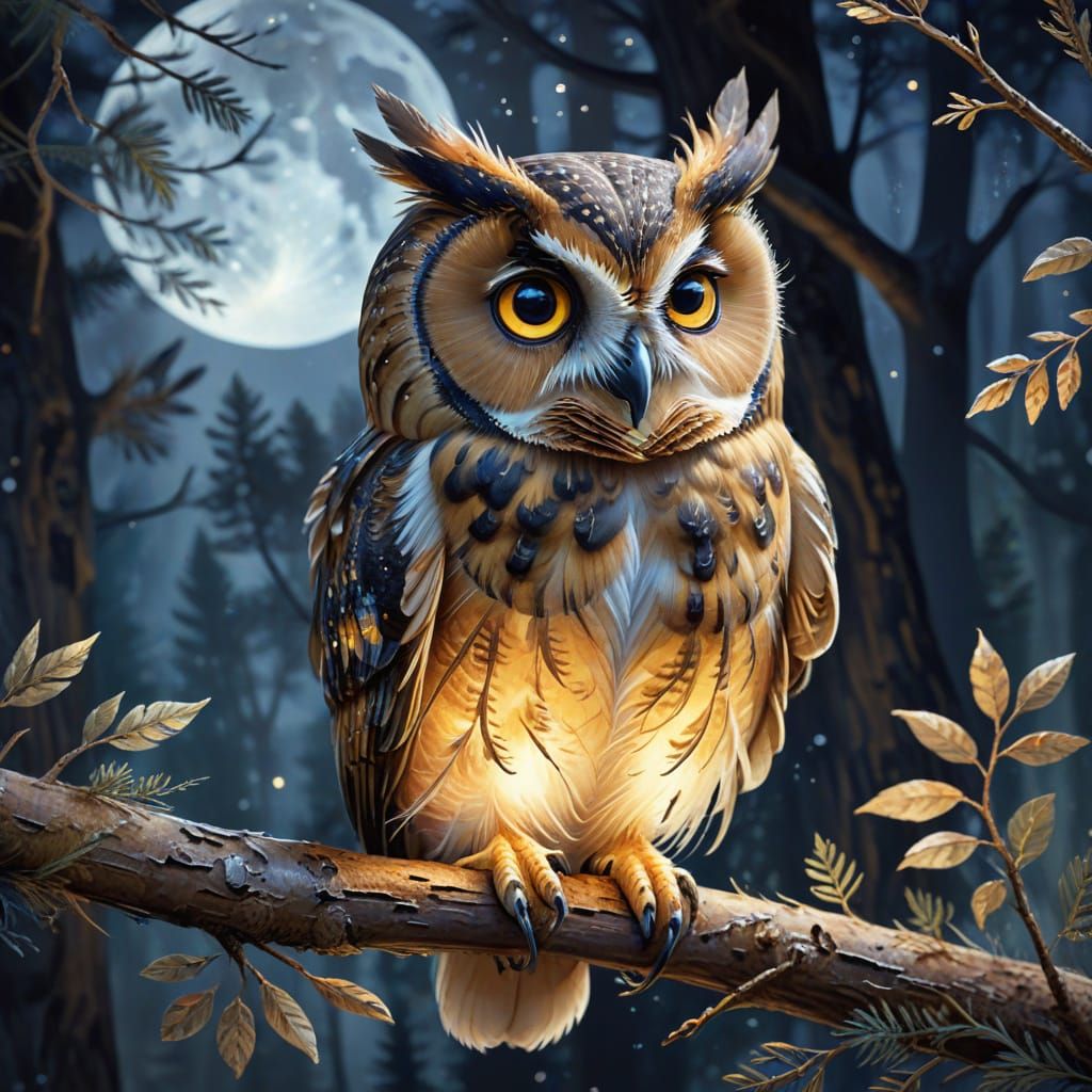Whimsical Owl on Branch in Watercolor Style