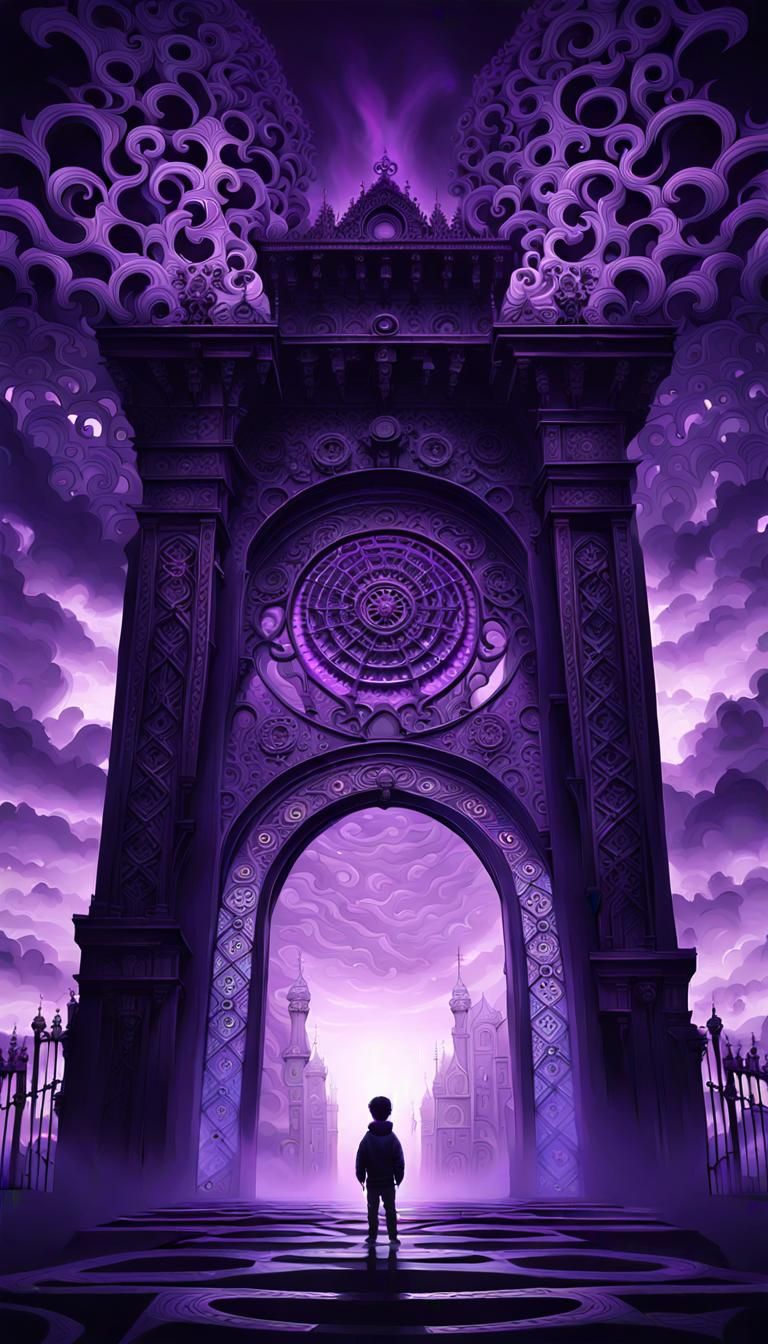 Boy at Colossal Gate with Purple Light