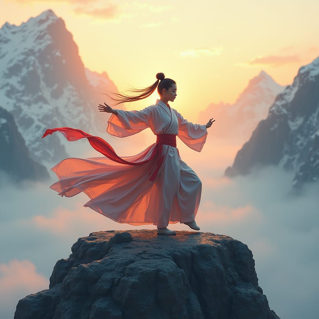 Serene Wushu Warrior on Misty Mountain Peak
