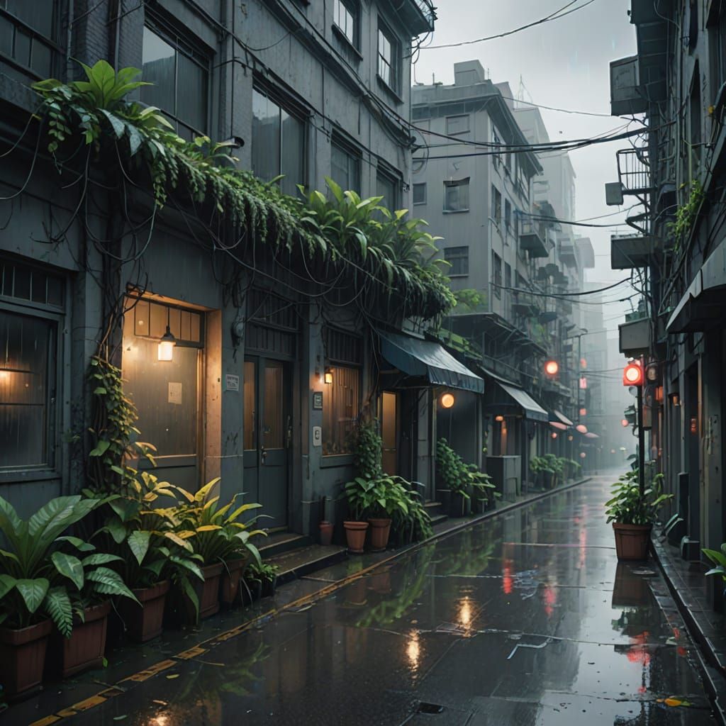 Makoto Shinkai-Inspired Cityscape Overgrown by Nature