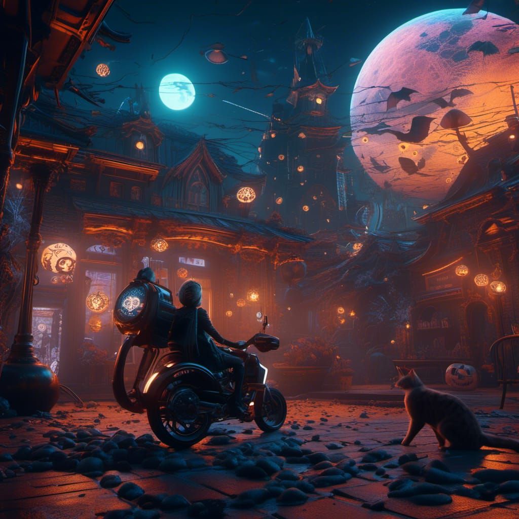 Cyberpunk Witch Cat Mandala with Neon Mech Details