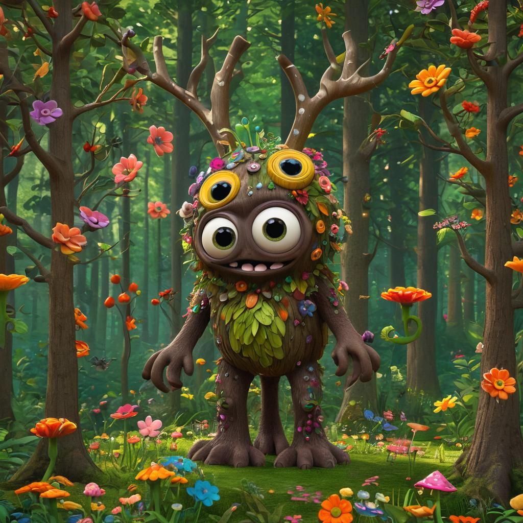 Whimsical Creature Explores Vibrant Forest: 3D Digital Art