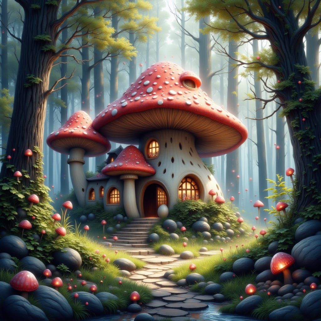 Magical Mushroom House in Ethereal Forest Clearing
