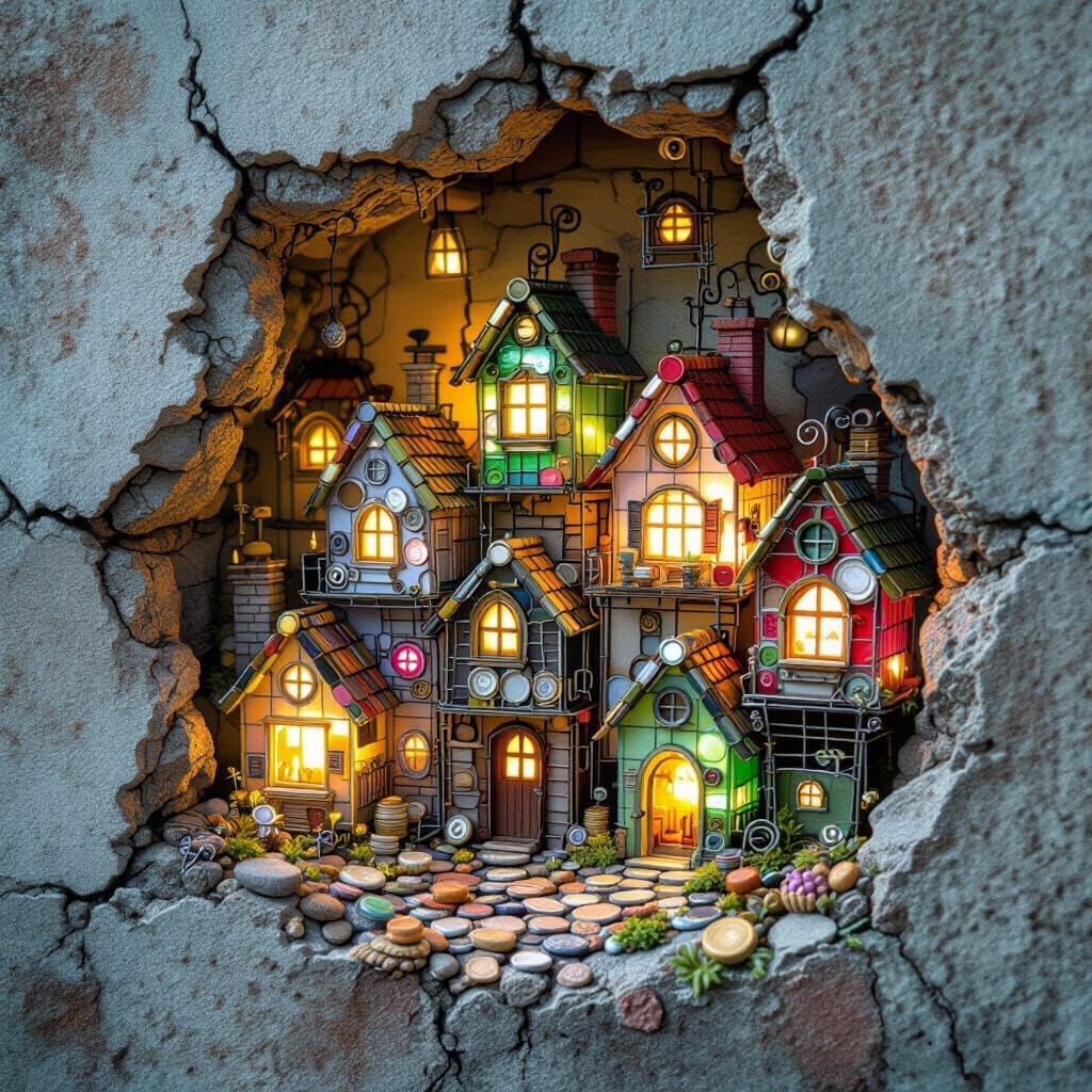 Tiny Glowing City in Wall Crack, Made of Recycled Materials