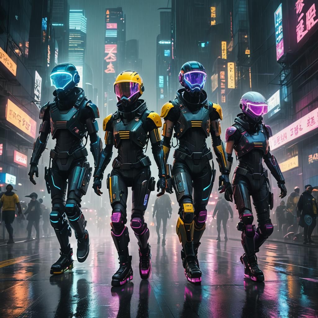 Neon Cyborgs Roller Skating in Cyberpunk Cityscape