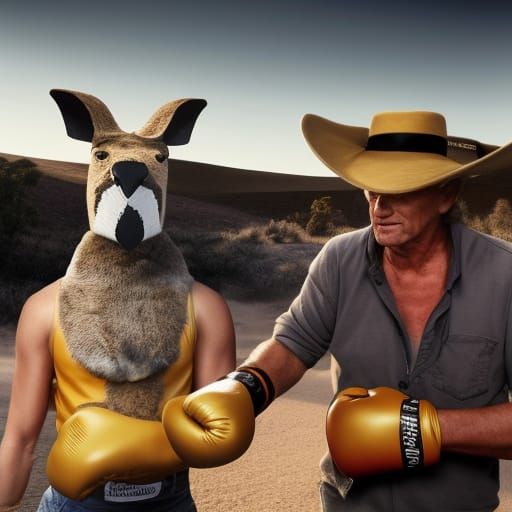 Crocodile Dundee (Paul Hogan) teaching Kangaroo-boy how to box
