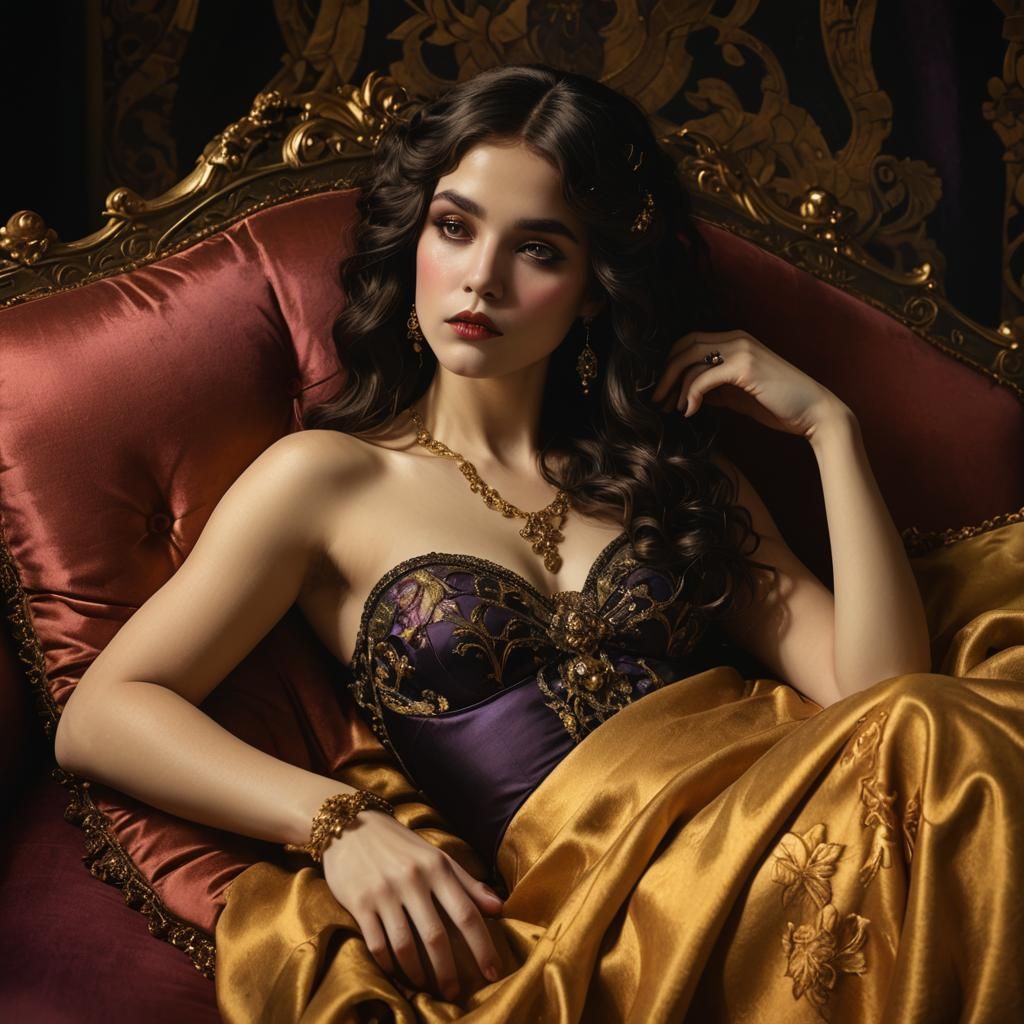 Dark Art Nouveau Woman on Lavish Couch