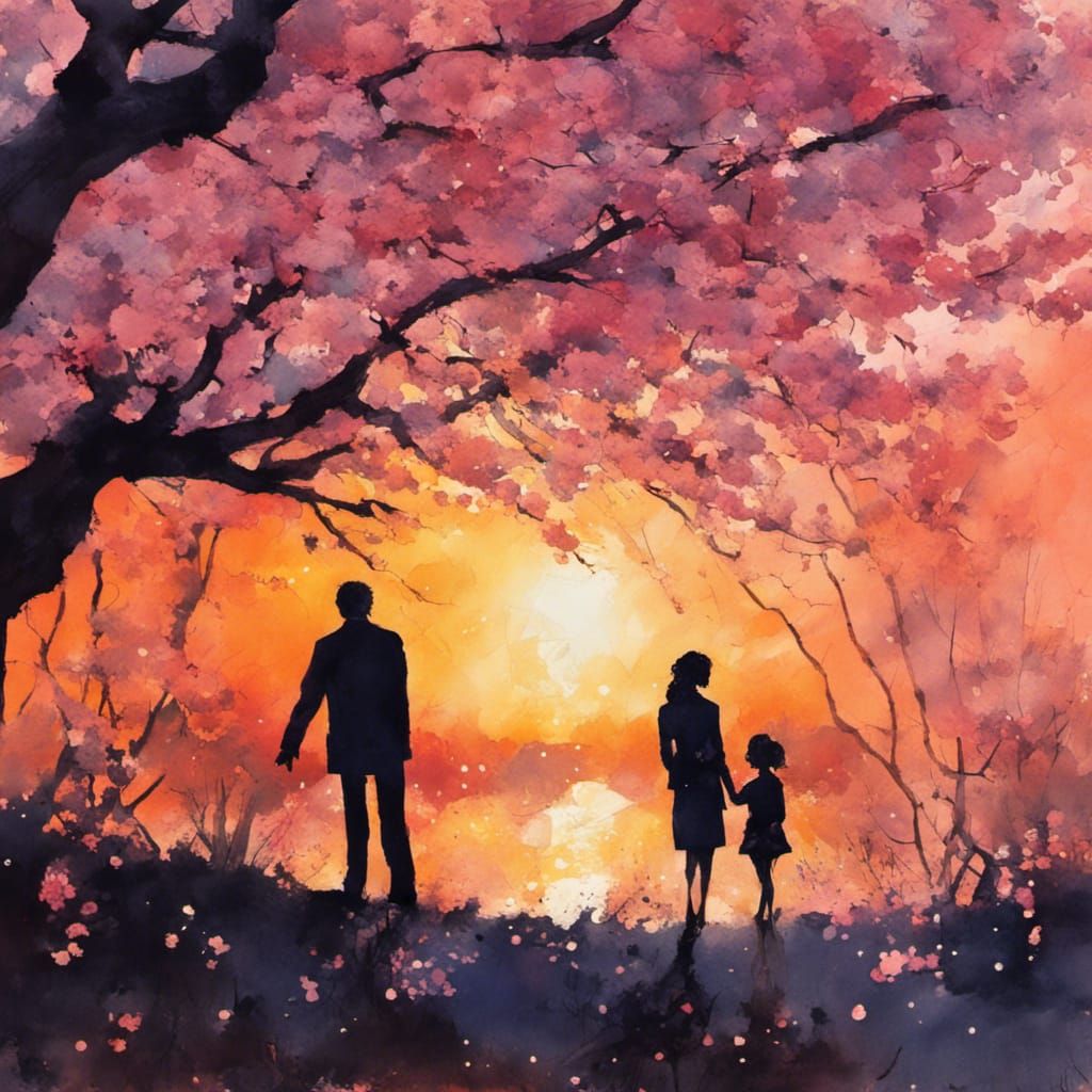 Romantic Couple in Cherry Blossom Garden as Gouache Painting