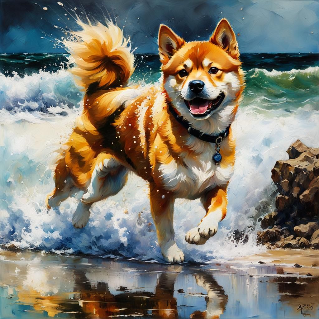 Encaustic Shiba Dog on Stormy Beach, Impasto Painting