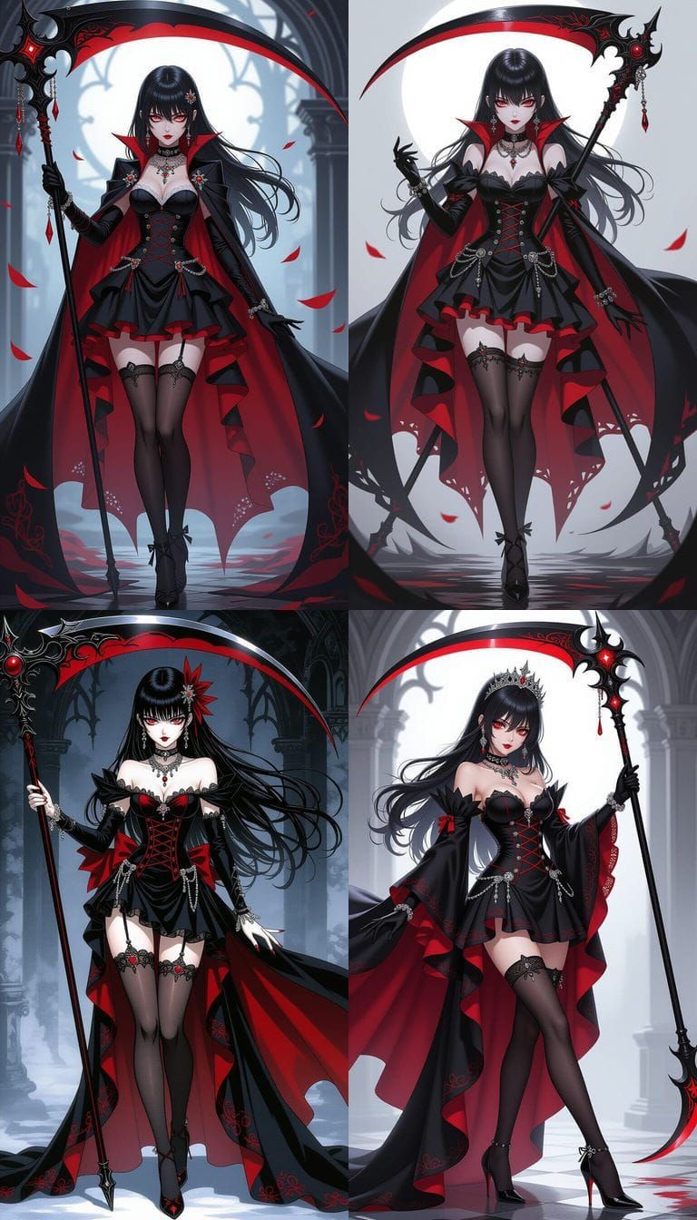 Anime Vampire Queen with Scythe in Gothic Royal Dress