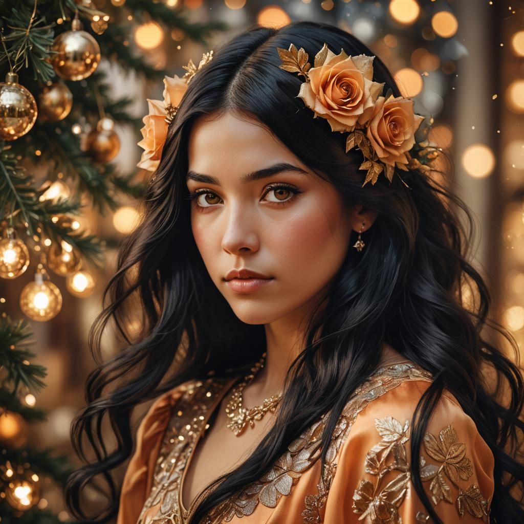 Art Nouveau Girl in Rose Dress at Christmas