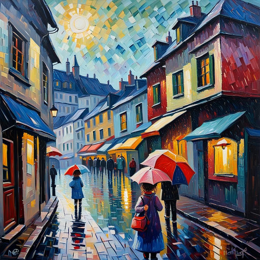Joyful Rainy Day Girl: Neo-Impressionist Oil Painting
