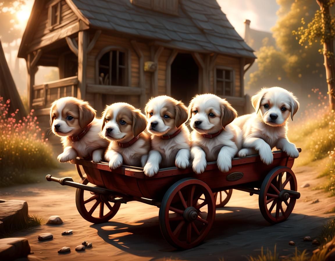 Adorable Puppies Pulled in Wagon: Detailed Matte Painting