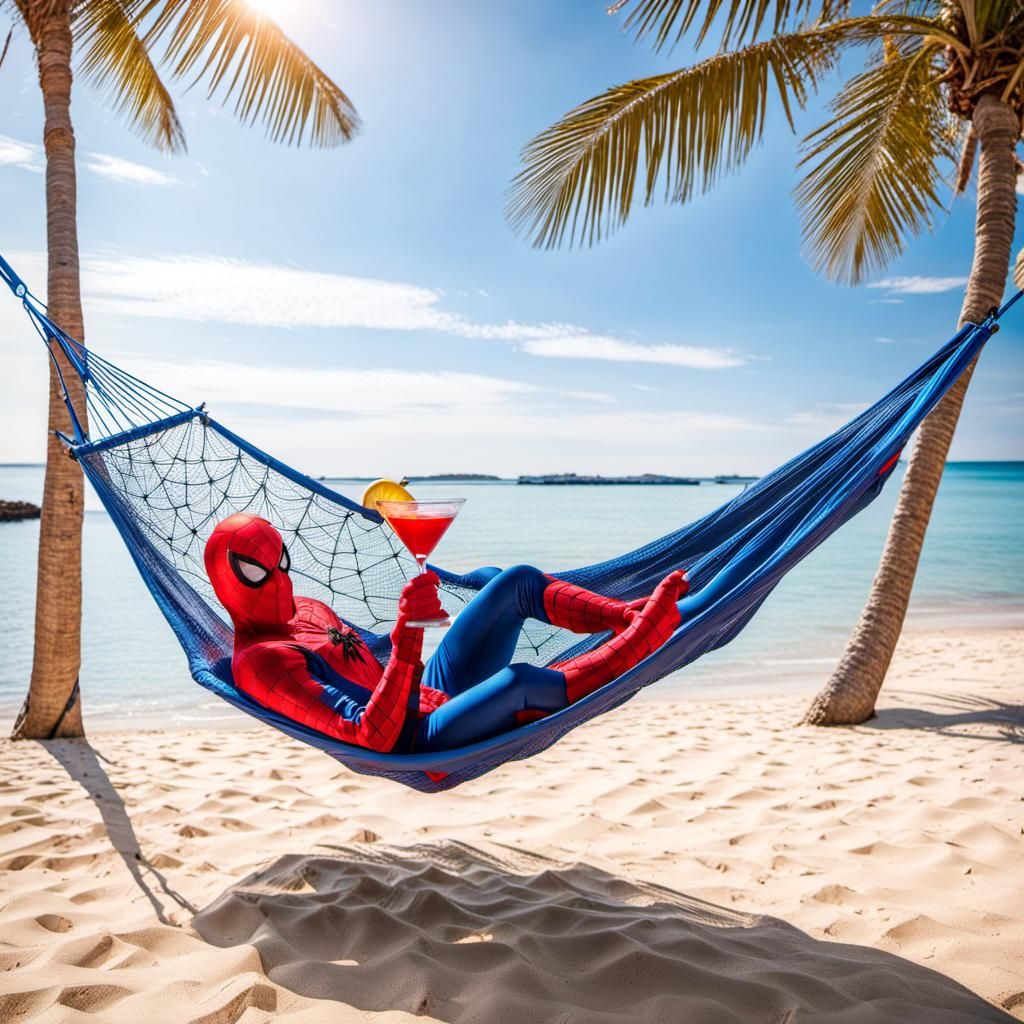 Spiderman Relaxing in Hammock on Sunny Beach