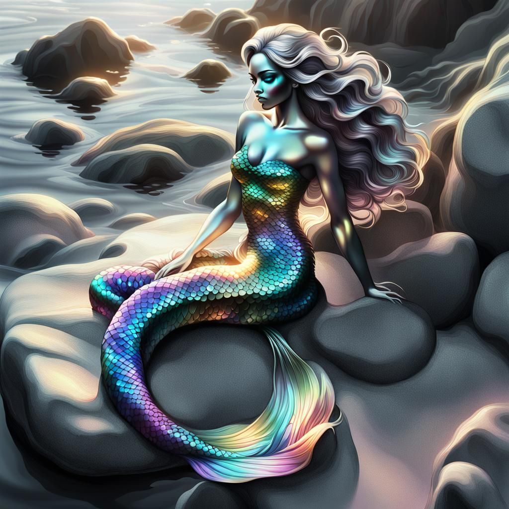 Greyscale Mermaid Sunbathing with Rainbow Scales