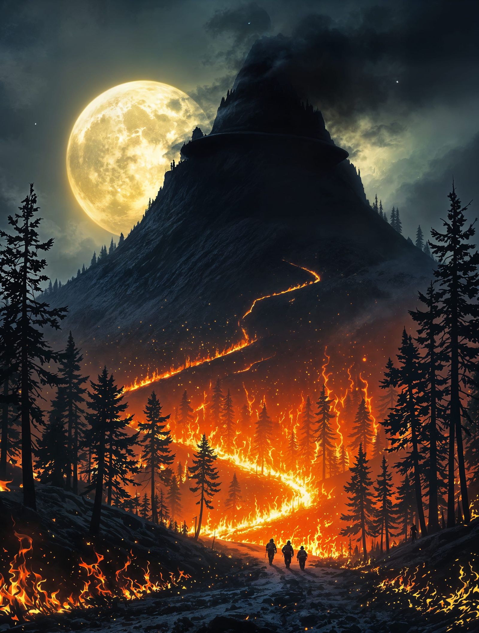 Dark Fantasy Forest Fire Under Witch Hat Moon
