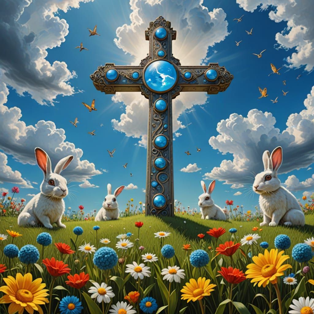 Surreal Easter Bunnies Gather in Vibrant Garden Scene