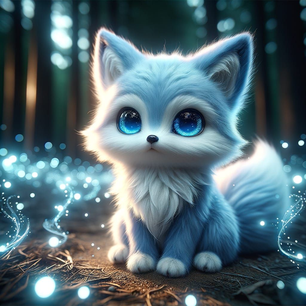 Surreal Blue Kitsune with Radiant Halo