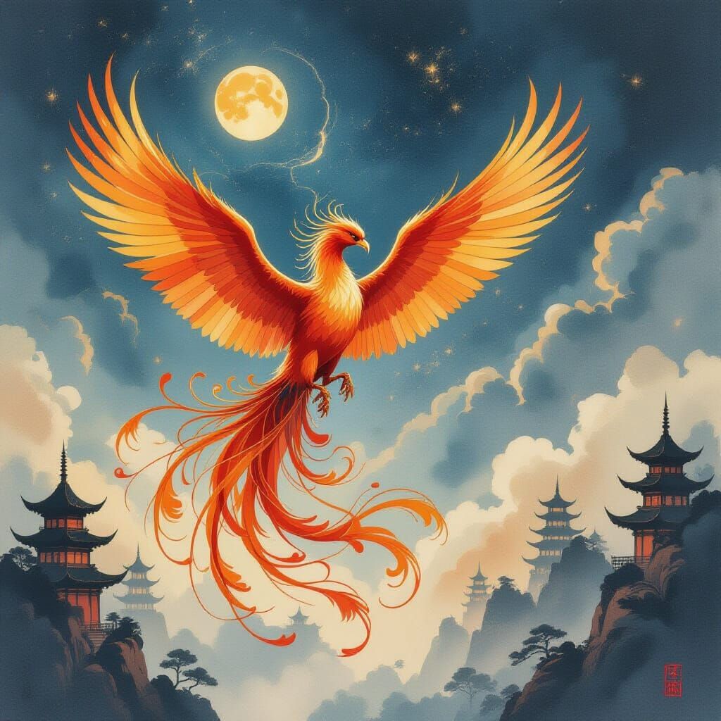 Majestic Phoenix in Chinese Ink Wash Style