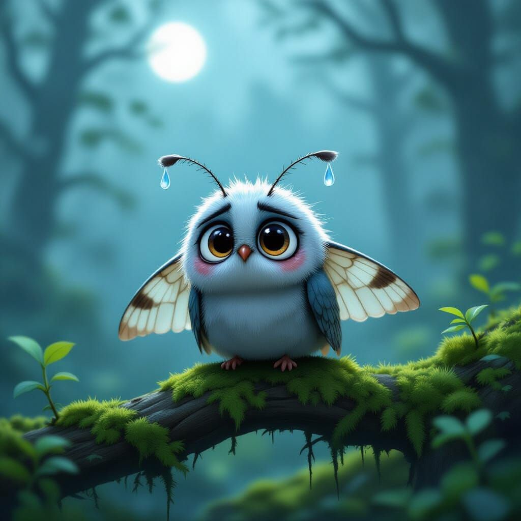 Sad Moth in Misty Forest, Pixar-Style Rendering