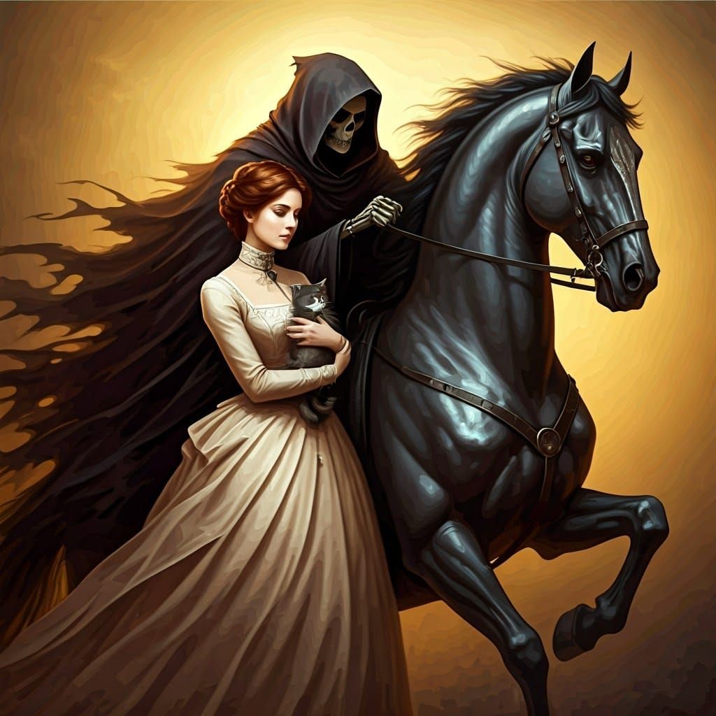 Grim reaper riding a majestic black horse