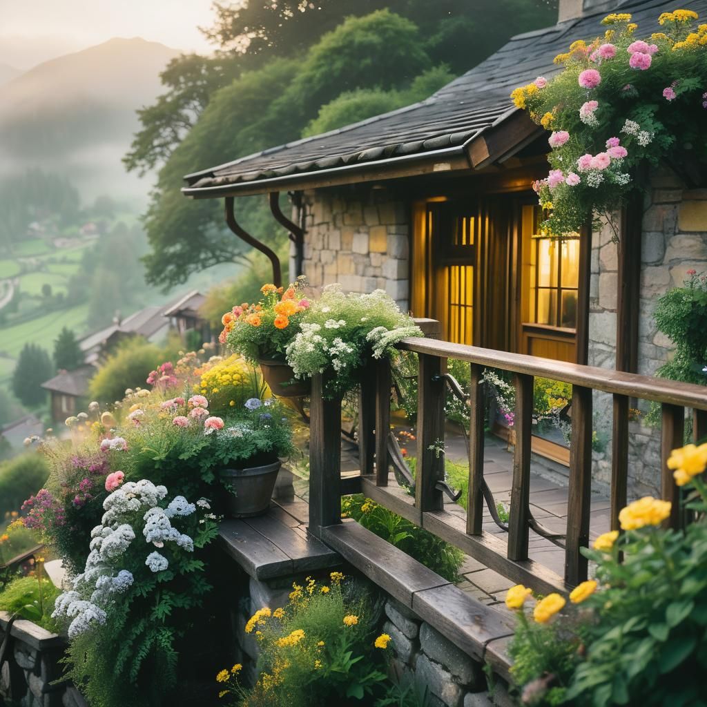 Quaint Cottage Balcony in Golden Hour Glow